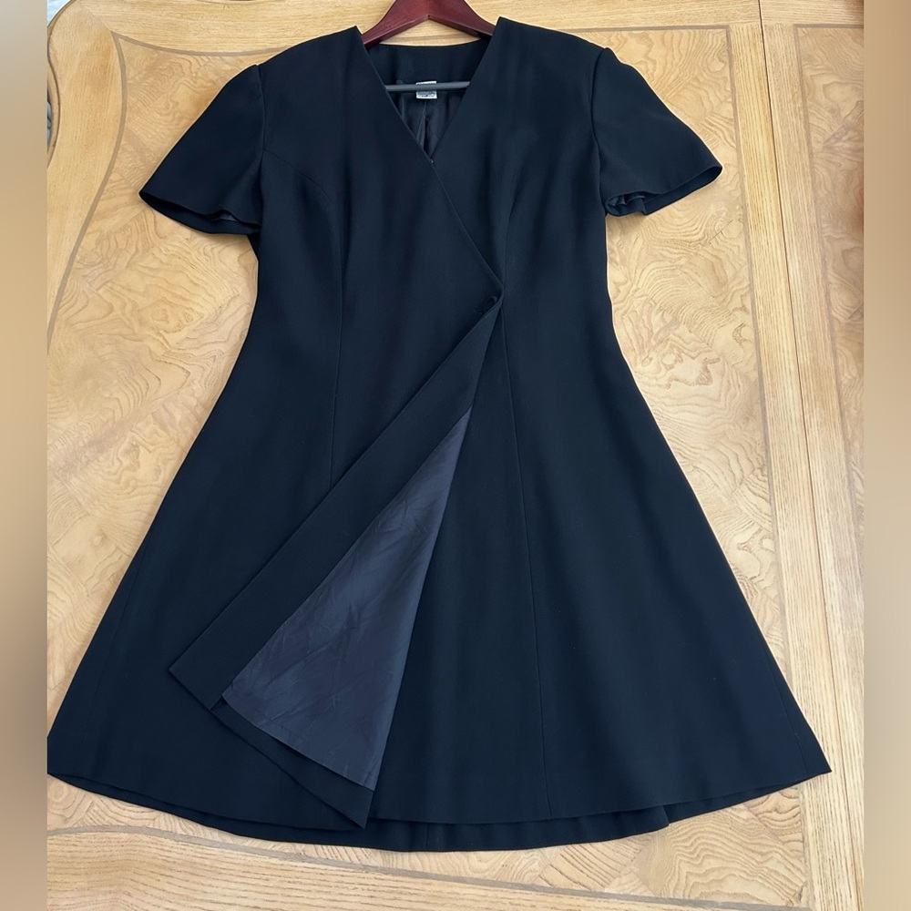 Vintage Short Sleeve V-neck Wrap Black Midi Dress, Made in Hong Kong, Size 8